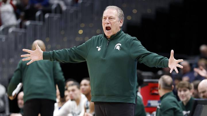 Mar 27, 2026; Washington, DC, USA; Michigan State Spartans head coach Tom Izzo reacts in the first half during a Sweet Sixteen game of the East Regional of the men's 2026 NCAA Tournament at Capital One Arena. Mandatory Credit: Amber Searls-Imagn Images