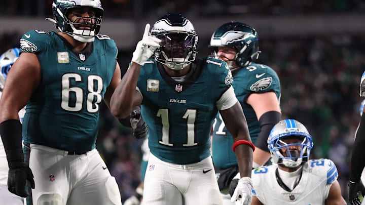 Nov 16, 2025; Philadelphia, Pennsylvania, USA; Philadelphia Eagles wide receiver A.J. Brown (11) reacts against the Detroit Lions during the first half at Lincoln Financial Field. Mandatory Credit: Bill Streicher-Imagn Images