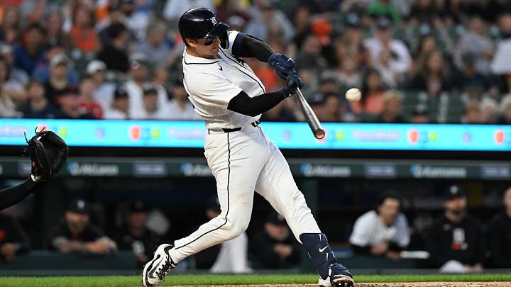 Detroit Tigers catcher Dillon Dingler (13) hits a solo home run. 