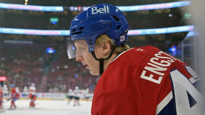 Apr 7, 2026; Montreal, Quebec, CAN; Montreal Canadiens defenseman Adam Engstrom (42) skates during the warmup before the game against the Florida Panthers at the Bell Centre. Mandatory Credit: Eric Bolte-Imagn Images