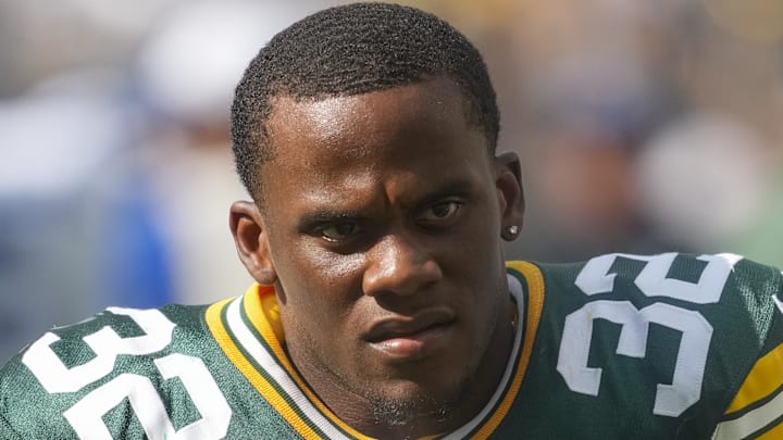 Sep 15, 2024; Green Bay, Wisconsin, USA;  Green Bay Packers running back MarShawn Lloyd (32) following the game against the Indianapolis Colts at Lambeau Field. Mandatory Credit: Jeff Hanisch-Imagn Images