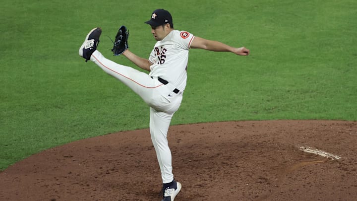 Sep 19, 2024; Houston, Texas, USA;   Houston Astros starting pitcher Yusei Kikuchi (16) pitches against the Los Angeles Angels in the fifth inning at Minute Maid Park. Mandatory Credit: Thomas Shea-Imagn Images