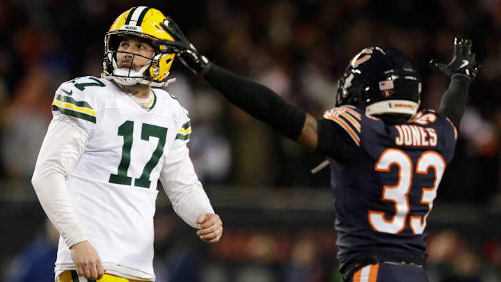 Green Bay Packers place kicker Brandon McManus (17) reacts to missing a field goal late in the fourth quarter as Chicago Bears cornerback Jaylon Jones (33) celebrates during their wild-card playoff football game Saturday, January 10, 2026, at Soldier Field in Chicago, Illinois.