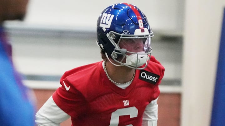 East Rutherford, NJ -- May 9, 2025 -- Quarterback Jaxson Dart during warm-up drills at Giants Rookie Minicamp. East Rutherford, NJ -- May 9, 2025 -- Quarterback Jaxson Dart during warm-up drills at Giants Rookie Minicamp.