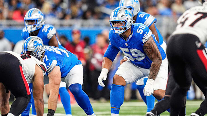 Detroit Lions offensive tackle Giovanni Manu (59) gets ready for a snap against the Houston Texans during the second half at Ford Field in Detroit on Saturday, August 23, 2025. Detroit Lions offensive tackle Giovanni Manu (59) gets ready for a snap against the Houston Texans during the second half at Ford Field in Detroit on Saturday, August 23, 2025.