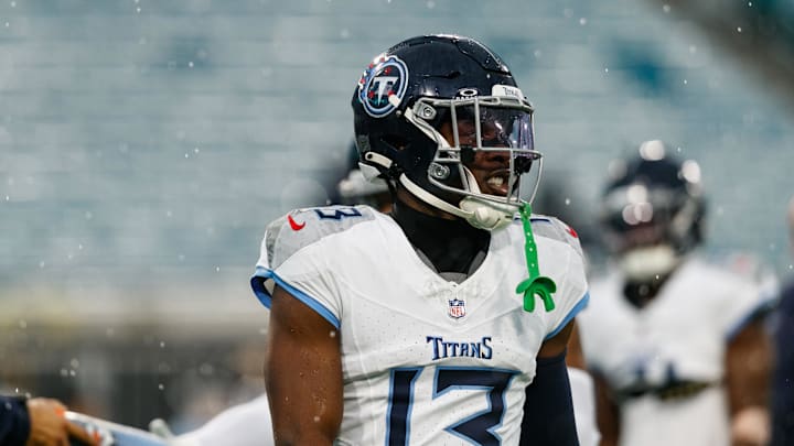 Dec 29, 2024; Jacksonville, Florida, USA; Tennessee Titans cornerback Chidobe Awuzie (13) before the game against the Jacksonville Jaguars at EverBank Stadium. Mandatory Credit: Morgan Tencza-Imagn Images
