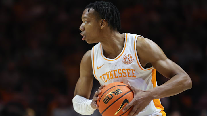 Dec 31, 2024; Knoxville, Tennessee, USA; Tennessee Volunteers guard Jordan Gainey (11) looks to pass the ball against the Norfolk State Spartans during the first half at Thompson-Boling Arena at Food City Center. Mandatory Credit: Randy Sartin-Imagn Images