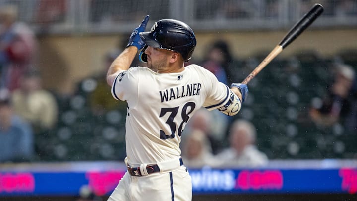 Sep 26, 2023; Minneapolis, Minnesota, USA; Minnesota Twins left fielder Matt Wallner (38) hits a grand slam against the Oakland Athletics in the first inning at Target Field.