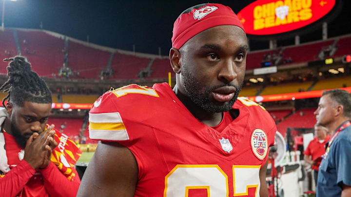 Aug 22, 2024; Kansas City, Missouri, USA; Kansas City Chiefs defensive end Felix Anudike-Uzoman (97) leaves the field after the game against the Chicago Bears at GEHA Field at Arrowhead Stadium. Mandatory Credit: Denny Medley-Imagn Images