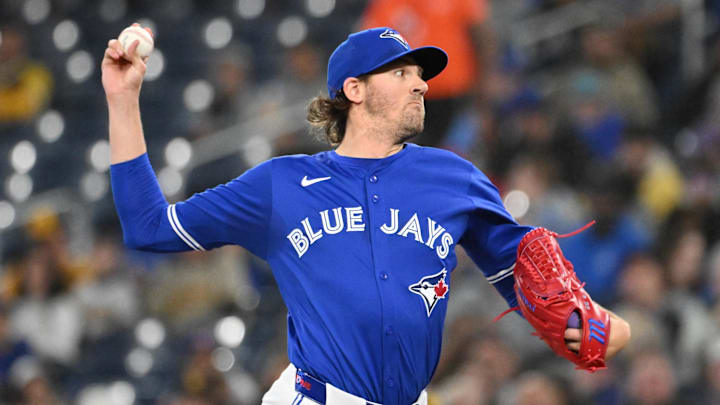 May 21, 2025; Toronto, Ontario, CAN;  Toronto Blue Jays starting pitcher Kevin Gausman (34) delivers a pitch against the San Diego Padres in the first inning at Rogers Centre. 