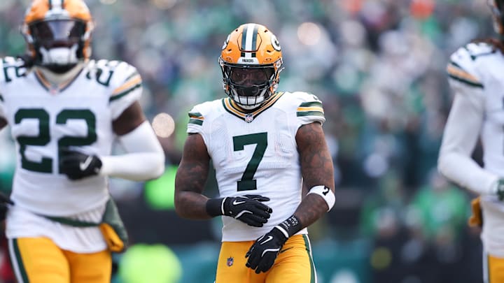 Green Bay Packers linebacker Quay Walker (7) before the playoff game against the Eagles. Green Bay Packers linebacker Quay Walker (7) before the playoff game against the Eagles.