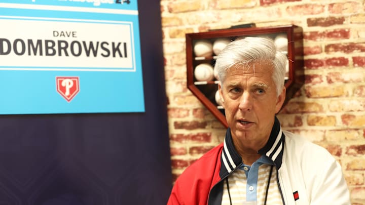 Feb 15, 2024; Tampa, FL, USA;  Philadelphia Phillies president of baseball operations David Dombrowski talks with media at George M. Steinbrenner Field. Mandatory Credit: Kim Klement Neitzel-Imagn Images