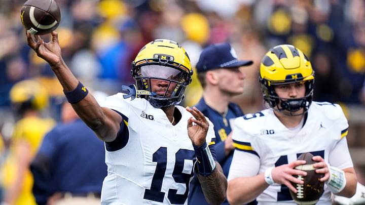 Michigan quarterback Bryce Underwood (19) warms up before the spring game at Michigan Stadium in Ann Arbor on Saturday, April 18, 2026.