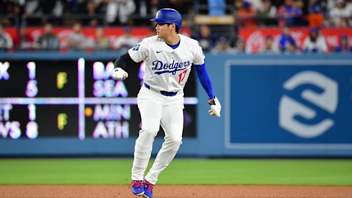Dodgers designated hitter Shohei Ohtani (17) on base against the New York Mets during the eighth inning at Dodger Stadium on Tuesday, June 3.