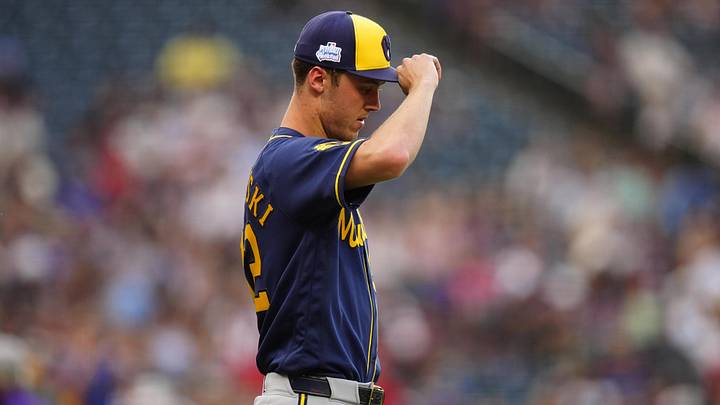 Jun 6, 2026; Denver, Colorado, USA;  Milwaukee Brewers starting pitcher Jacob Misiorowski (32) takes to the mound in the first inning against the Colorado Rockies at Coors Field. Mandatory Credit: Ron Chenoy-Imagn Images