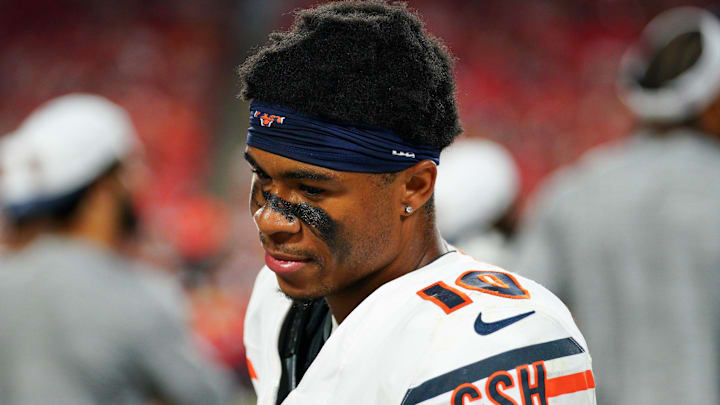Aug 22, 2024; Kansas City, Missouri, USA; Chicago Bears wide receiver Tyler Scott (10) on the sidelines against the Kansas City Chiefs during the game at GEHA Field at Arrowhead Stadium. Mandatory Credit: Denny Medley-Imagn Images