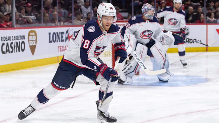 Feb 13, 2024; Ottawa, Ontario, CAN; Columbus Blue Jackets defenseman Damon Severson (78) chases the