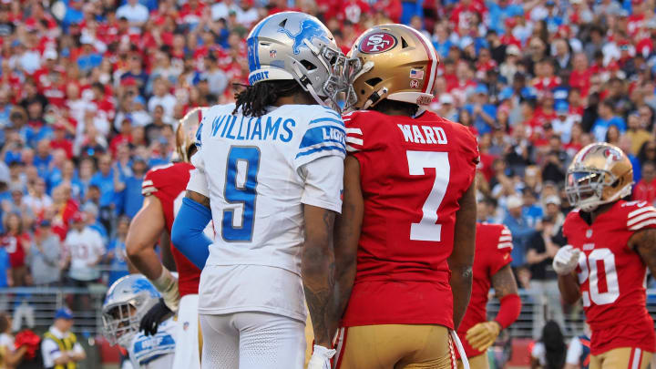 Jan 28, 2024; Santa Clara, California, USA; Detroit Lions wide receiver Jameson Williams (9) talks with San Francisco 49ers cornerback Charvarius Ward (7) during the first half of the NFC Championship football game at Levi's Stadium. Mandatory Credit: Kelley L Cox-USA TODAY Sports Jan 28, 2024; Santa Clara, California, USA; Detroit Lions wide receiver Jameson Williams (9) talks with San Francisco 49ers cornerback Charvarius Ward (7) during the first half of the NFC Championship football game at Levi's Stadium. Mandatory Credit: Kelley L Cox-USA TODAY Sports