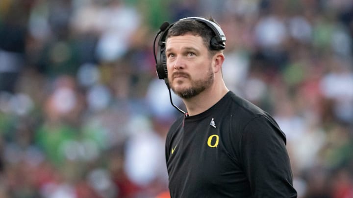 Oregon head coach Dan Lanning looks to the clock towards the end of the first half as the Oregon Ducks face the Ohio State Buckeyes Wednesday, Jan. 1, 2025, in the quarterfinal of the College Football Playoff at the Rose Bowl in Pasadena, Calif.
