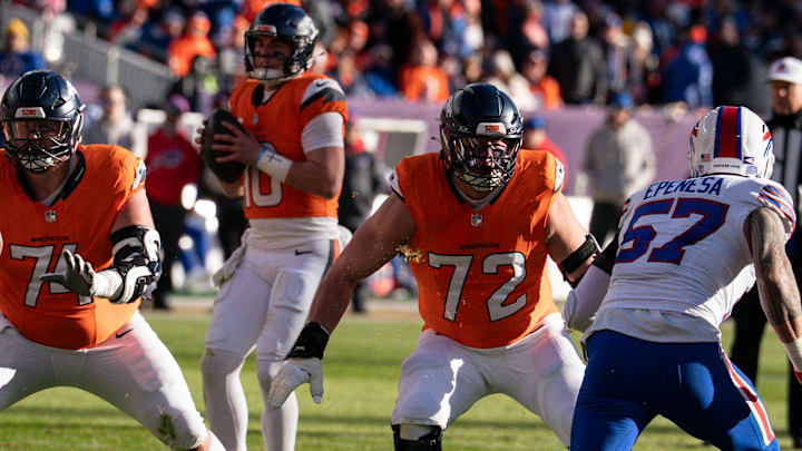 January 17, 2026: Denver Broncos offensive tackle Garett Bolles (72) looks to block in the first half of the AFC Divisional Round playoff football game between the Denver Broncos and Buffalo Bills. 