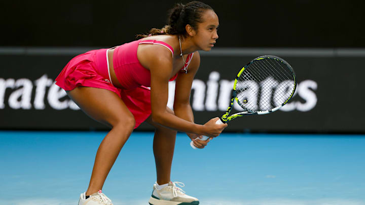 Leylah Fernandez of Canada plays against Yuliia Starodubtseva of Ukraine on Day 1 of the 2025 Australian Open. Leylah Fernandez of Canada plays against Yuliia Starodubtseva of Ukraine on Day 1 of the 2025 Australian Open.