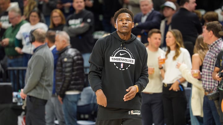 Apr 25, 2026; Minneapolis, Minnesota, USA; Minnesota Timberwolves guard Anthony Edwards (5) warms up before the game against the Denver Nuggets at Target Center. Mandatory Credit: Matt Blewett-Imagn Images