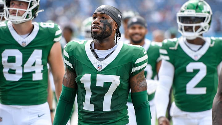 Sep 15, 2024; Nashville, Tennessee, USA;  New York Jets wide receiver Malachi Corley (17) takes the field against the Tennessee Titans during the first half at Nissan Stadium. 