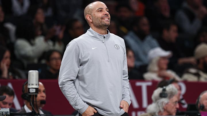 Feb 7, 2025; Brooklyn, New York, USA; Brooklyn Nets head coach Jordi Fernandez reacts during the first half against the Miami Heat at Barclays Center. Mandatory Credit: Vincent Carchietta-Imagn Images