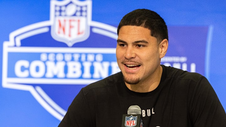 Feb 28, 2024; Indianapolis, IN, USA; UCLA defensive lineman Laiatu Latu (DL42) talks to the media at