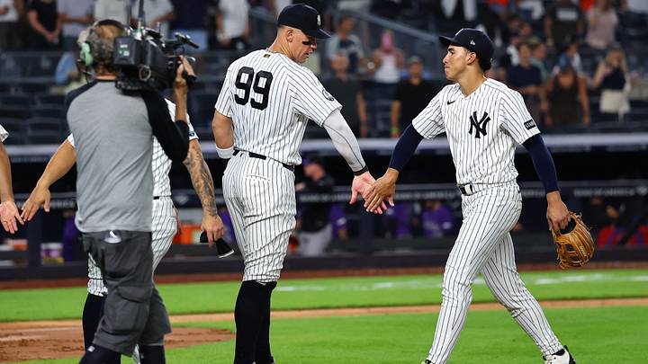Sep 9, 2026; Bronx, New York, USA; New York Yankees right fielder Aaron Judge (99) and shortstop George Lombard Jr. (96) celebrate after defeating the Colorado Rockies at Yankee Stadium. Mandatory Credit: Vincent Carchietta-Imagn Images Sep 9, 2026; Bronx, New York, USA; New York Yankees right fielder Aaron Judge (99) and shortstop George Lombard Jr. (96) celebrate after defeating the Colorado Rockies at Yankee Stadium. Mandatory Credit: Vincent Carchietta-Imagn Images