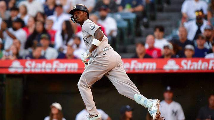 Sep 1, 2026; Anaheim, California, USA; New York Yankees second baseman Jazz Chisholm Jr. (13) hits a solo home run against the Los Angeles Angels during the first inning at Angel Stadium. Mandatory Credit: Gary A. Vasquez-Imagn Images