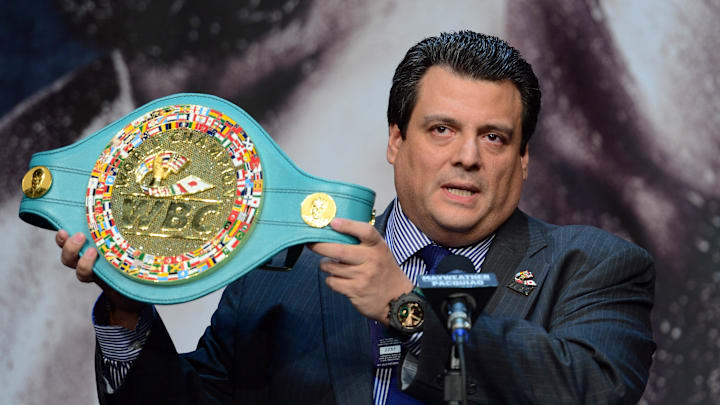 Apr 29, 2015; Las Vegas, NV, USA; WBC president Mauricio Sulaiman shows off a custom belt during a press conference at KA Theatre. Mandatory Credit: Joe Camporeale-Imagn Images