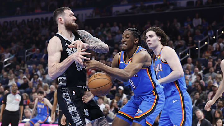 Apr 10, 2024; Oklahoma City, Oklahoma, USA; Oklahoma City Thunder forward Jalen Williams (8) steals the ball