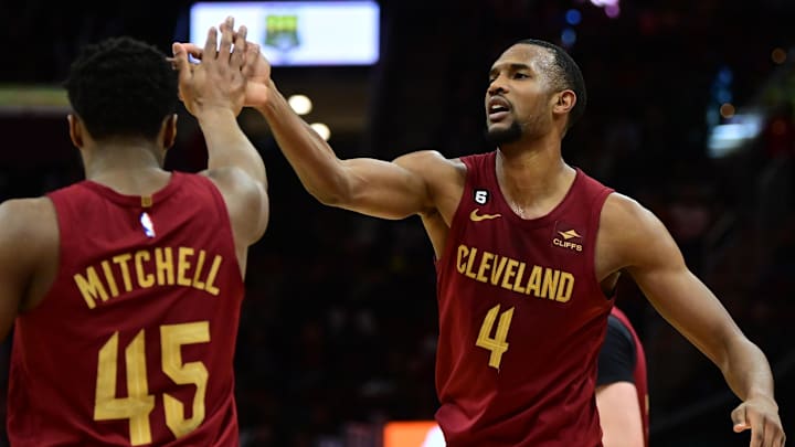 Apr 2, 2023; Cleveland, Ohio, USA; Cleveland Cavaliers forward Evan Mobley (4) celebrates with guard Donovan Mitchell (45) during the second half against the Indiana Pacers at Rocket Mortgage FieldHouse. Mandatory Credit: Ken Blaze-Imagn Images