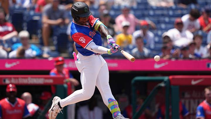 National League outfielder Dakota Jordan (23) hits a double against American League. Credit: Kyle Ross-Imagn Images National League outfielder Dakota Jordan (23) hits a double against American League. Credit: Kyle Ross-Imagn Images