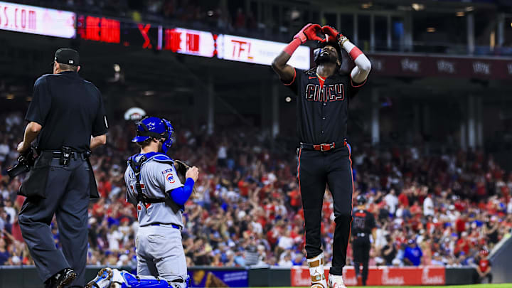 Sep 19, 2025; Cincinnati, Ohio, USA; Cincinnati Reds shortstop Elly De La Cruz (44) reacts after hitting a solo home run in the sixth inning against the Chicago Cubs at Great American Ball Park. Mandatory Credit: Katie Stratman-Imagn Images