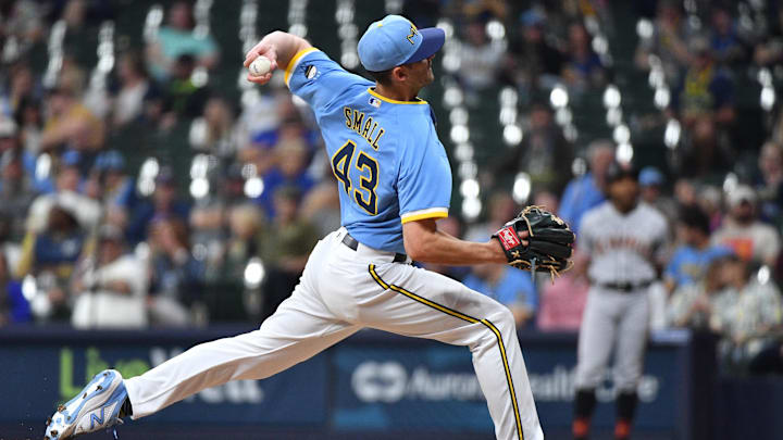 May 26, 2023; Milwaukee, Wisconsin, USA; Milwaukee Brewers relief pitcher Ethan Small (43) delivers a pitch against the San Francisco Giants in the sixth inning at American Family Field. May 26, 2023; Milwaukee, Wisconsin, USA; Milwaukee Brewers relief pitcher Ethan Small (43) delivers a pitch against the San Francisco Giants in the sixth inning at American Family Field.