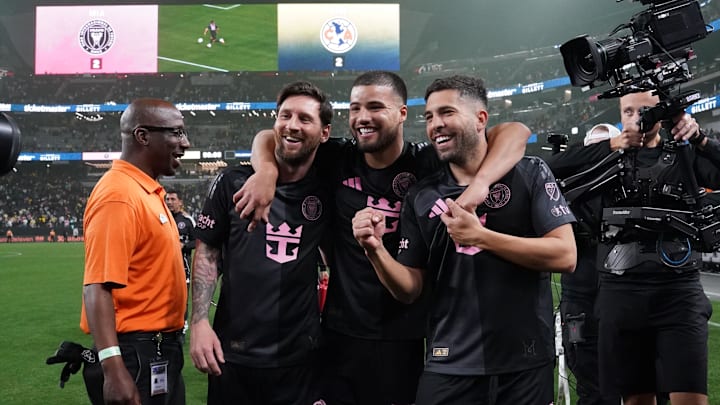 Jan 18, 2025; Las Vegas, Nevada, USA; Inter Miami CF forward Lionel Messi (10), defender Marcelo Weigandt (57), and defender Jordi Alba (18) walk off the field smiling after a penalty kicks win against Club America at Allegiant Stadium. 