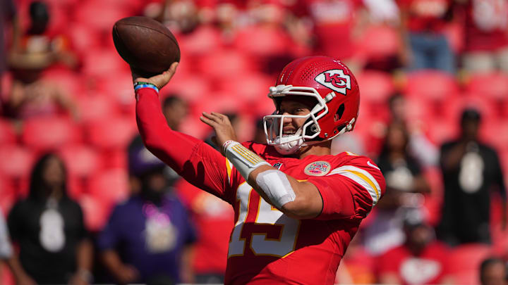 Sep 28, 2025; Kansas City, Missouri, USA; Kansas City Chiefs quarterback Patrick Mahomes (15) warms up before the game against the Baltimore Ravens  at GEHA Field at Arrowhead Stadium. Mandatory Credit: Denny Medley-Imagn Images