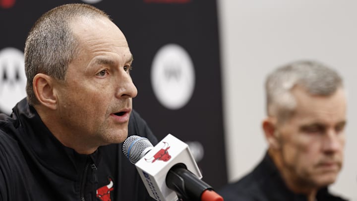 Sep 30, 2024; Chicago, Il, USA; Chicago Bulls vice president of basketball operations Arturas Karnisovas speaks during Chicago Bulls Media Day. Mandatory Credit: Kamil Krzaczynski-Imagn Images