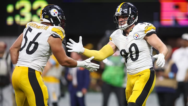 Sep 8, 2024; Atlanta, Georgia, USA; Pittsburgh Steelers linebacker T.J. Watt (90) celebrates with linebacker Alex Highsmith (56) after a sack against the Atlanta Falcons in the fourth quarter at Mercedes-Benz Stadium. Mandatory Credit: Brett Davis-Imagn Images