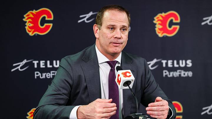 Jan 30, 2025; Calgary, Alberta, CAN; Calgary Flames general manager Craig Conroy during interview after the game against the Anaheim Ducks at Scotiabank Saddledome. Mandatory Credit: Sergei Belski-Imagn Images