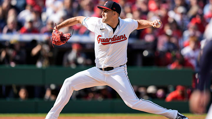 Cleveland Guardians pitcher Matthew Boyd (16) throws against Detroit Tigers during the first inning at Game 5 of ALDS at Progressive Field in Cleveland, Ohio on Saturday, Oct. 12, 2024.