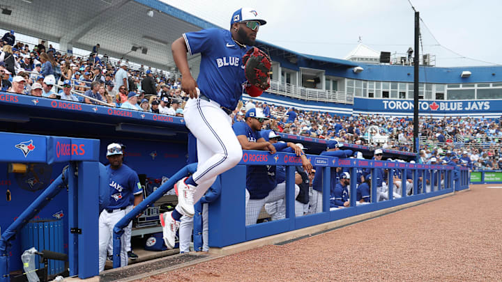 Feb 22, 2025; Dunedin, Florida, USA;  Toronto Blue Jays first base Vladimir Guerrero Jr. (27) runs out onto the field for the first inning at TD Ballpark. Mandatory Credit: Kim Klement Neitzel-Imagn Images
