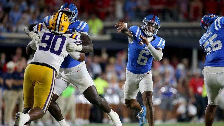 Mississippi Rebels quarterback Trinidad Chambliss passes the ball during the fourth quarter against the LSU Tigers at Vaught-Hemingway Stadium. Mandatory Credit: Petre Thomas-Imagn Images Mississippi Rebels quarterback Trinidad Chambliss passes the ball during the fourth quarter against the LSU Tigers at Vaught-Hemingway Stadium. Mandatory Credit: Petre Thomas-Imagn Images