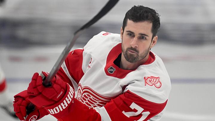 Jan 21, 2026; Toronto, Ontario, CAN;  Detroit Red Wings forward Dylan Larkin (71) warms up before playing the Toronto Maple Leafs at Scotiabank Arena. Mandatory Credit: Dan Hamilton-Imagn Images
