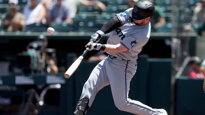 Jul 5, 2026; West Sacramento, California, USA; Miami Marlins first baseman Liam Hicks (34) hits a RBI sacrifice fly against the Athletics during the second inning at Sutter Health Park. Mandatory Credit: Dennis Lee-Imagn Images Jul 5, 2026; West Sacramento, California, USA; Miami Marlins first baseman Liam Hicks (34) hits a RBI sacrifice fly against the Athletics during the second inning at Sutter Health Park. Mandatory Credit: Dennis Lee-Imagn Images