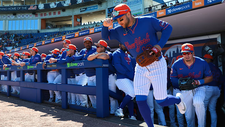 Feb 24, 2026; Port St. Lucie, Florida, USA; New York Mets third baseman Bo Bichette (19) runs onto the field before the game against the Houston Astros at Clover Park. Mandatory Credit: Sam Navarro-Imagn Images
