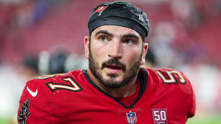 Aug 9, 2025; Tampa, Florida, USA; Tampa Bay Buccaneers linebacker John Bullock (57) looks on after a preseason game against the Tennessee Titans at Raymond James Stadium. Mandatory Credit: Nathan Ray Seebeck-Imagn Images