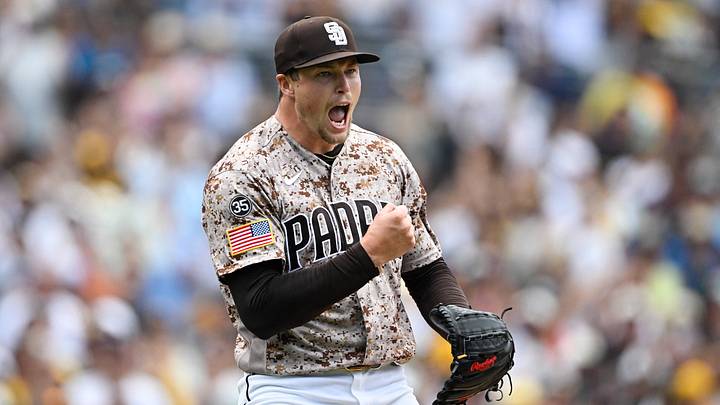 San Diego Padres pitcher Mason Miller (22) celebrates after the Padres beat the Toronto Blue Jays at Petco Park. 
